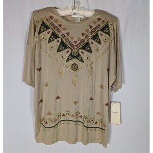 Vintage Joseph Kasper Aztec Southwestern Metallic Graphic Tee Tan XL NWT Flaw